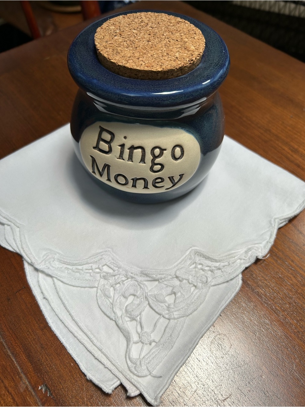 Bingo Money Ceramic Jar with Cork Lid - Blue